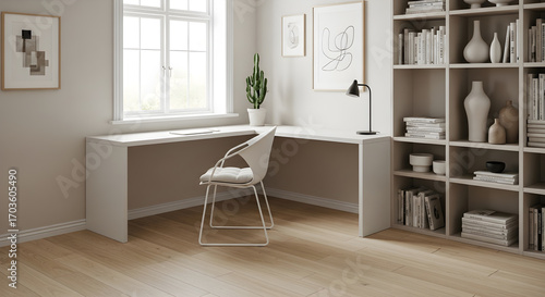 A minimalist home office setup featuring a floating desk with a laptop and a chair, complemented by wall shelves and a window.