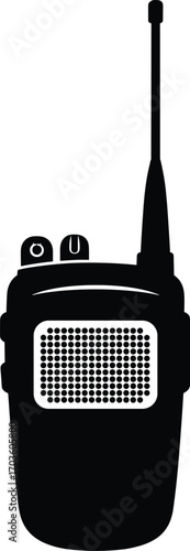 Black silhouette of a classic walkie-talkie with antenna, buttons, speaker grid, and knobs isolated on white background vector
