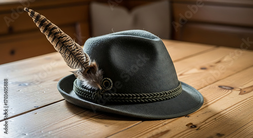 Classic green Alpine hunter's hat adorned with a magnificent feather, a symbol of traditional Bavarian and Austrian culture