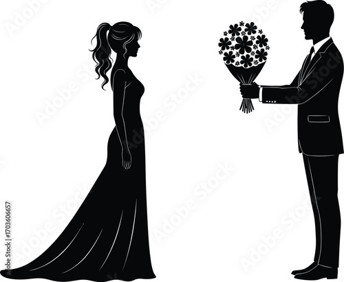 Man Giving Flower Bouquet to Woman in Gown, Romantic Silhouette Couple Illustration, Love and Relationship Concept on White Background