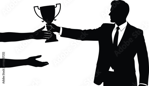 Silhouette of Businessman Giving Trophy to Winner, Award Ceremony Concept, Recognition and Success Vector Illustration on White Background
