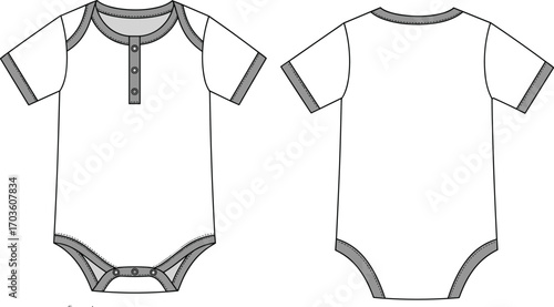 Baby onesie technical sketch, front and back view, short sleeve design, button placket, snap closure, cad drawing flat vector illustration