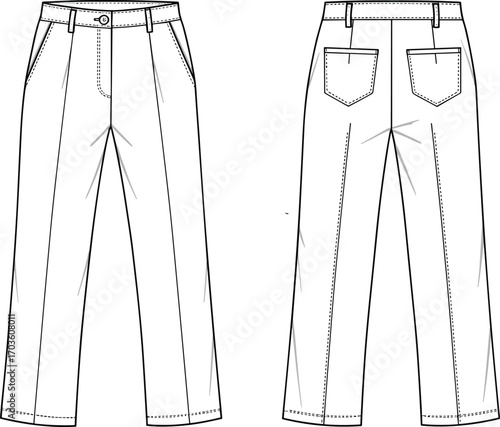 Men’s pants technical sketch, front and back view, straight leg design, pocket detail, cad drawing flat vector illustration