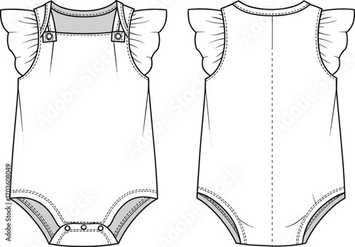 Baby romper technical sketch, front and back view, flutter sleeve design, snap closure detail, cad drawing flat vector illustration