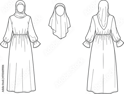 Modest dress technical fashion sketch, front back view, headscarf included, garment flat template, CAD drawing, vector illustration, apparel design