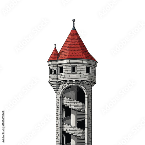 Medieval stone castle tower with a brick roof against the sky