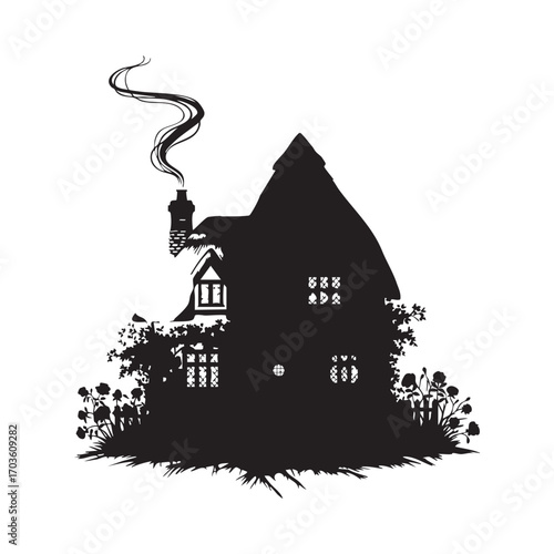 An illustrated haunted house in a dark, moonlit village silhouette with trees and a ghostly glow from its windows