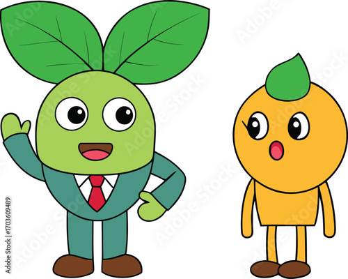 Animated office plant in suit talks with surprised orange character funny comic business scene vector