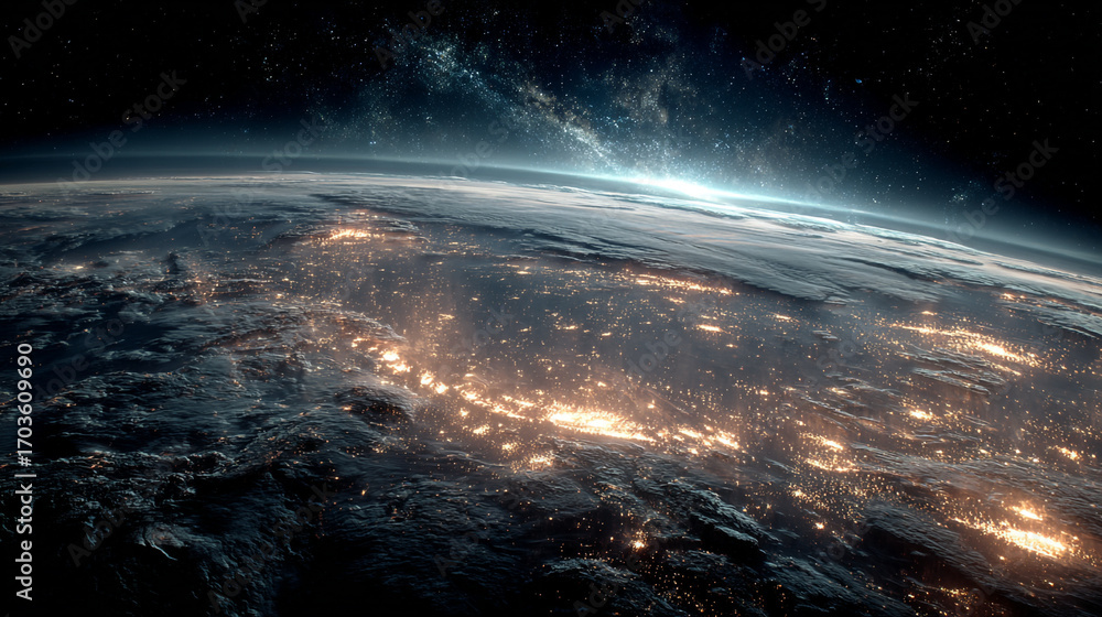 Fototapeta premium Earth at night city lights gleaming under starry sky sunrise approaching