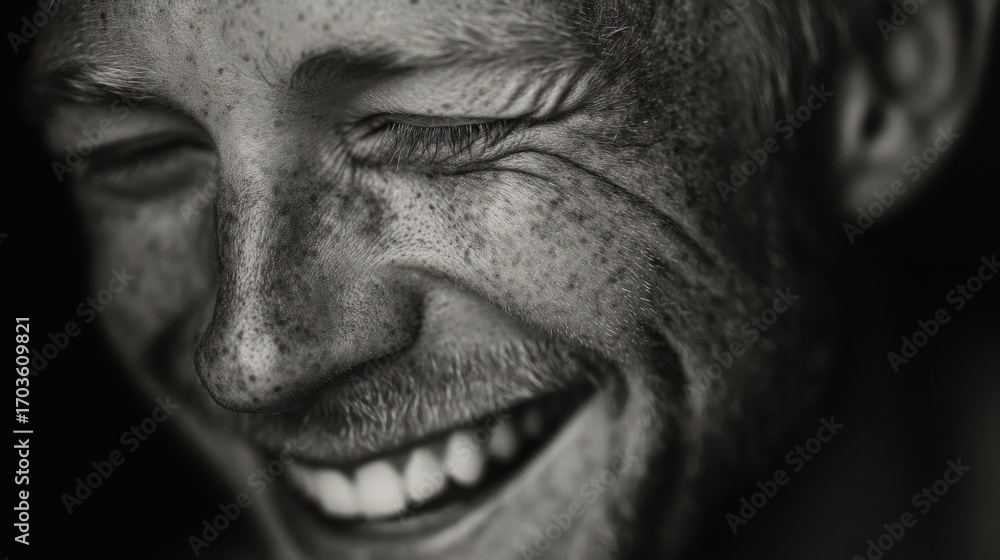 Obraz premium Monochromatic close-up capturing genuine laughter and facial character