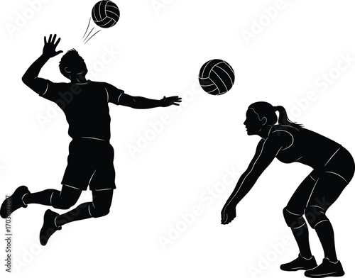 Silhouettes of Male and Female Volleyball Players in Action, Jump Serve and Defensive Stance, Sport Vector Illustration Isolated on White