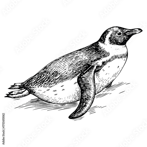 Penguin walking on ice in hand drawn vintage style