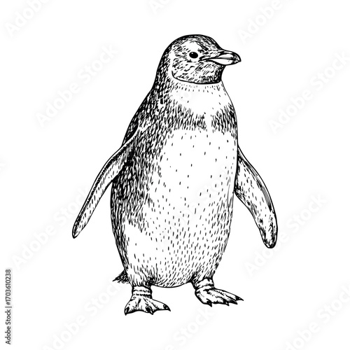 Penguin standing upright in vintage monochrome sketch