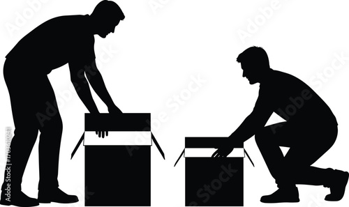 Silhouettes of Two Men Opening Cardboard Boxes, Standing and Squatting Positions, Packing or Unpacking Work Vector Illustration Isolated