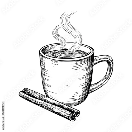 Hot steaming cup of coffee with cinnamon stick sketch