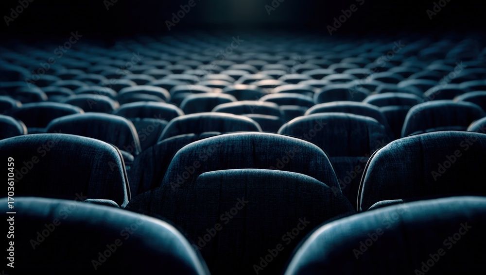 Fototapeta premium Empty theater seats in darkness, spotlight