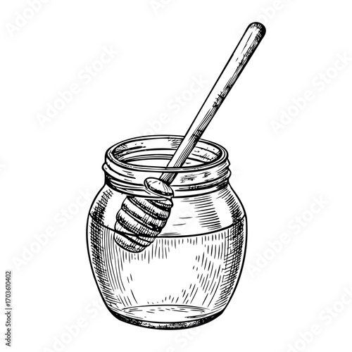 Honey jar with wooden dipper in monochrome sketch