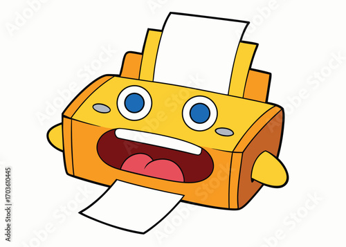 Cartoon printer with wide open screaming mouth stuck paper jam conveying office frustration and technology problems vector