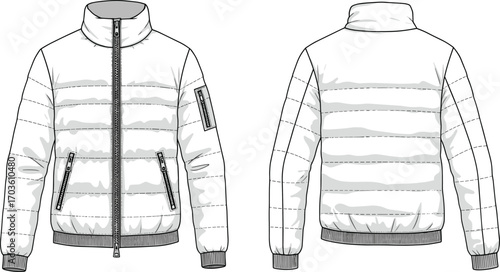 Cad drawing flat vector illustration, puffer jacket technical sketch front back view, fashion garment template, apparel design, clothing blueprint