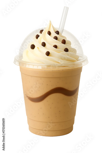 Delicious iced coffee drink with whipped cream and chocolate chips