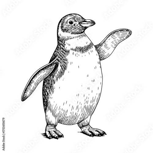 Standing penguin illustration in retro monochrome drawing