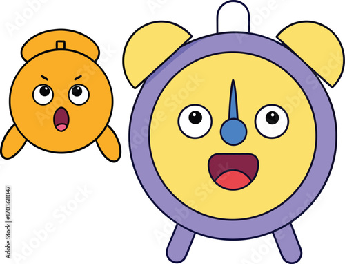 Cartoon alarm clock character waking up tired worker concept with angry face and yelling alarm vector