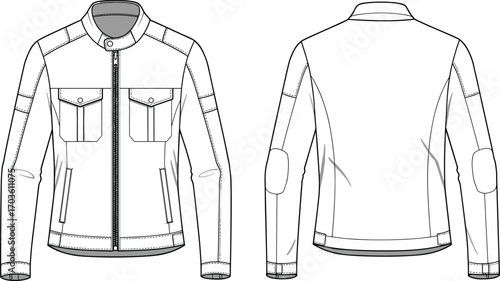 Cad drawing flat vector illustration, technical sketch of jacket front and back, zipper closure, chest pockets, stand collar, fashion template