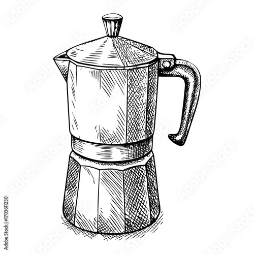 Moka coffee pot illustration in monochrome sketch