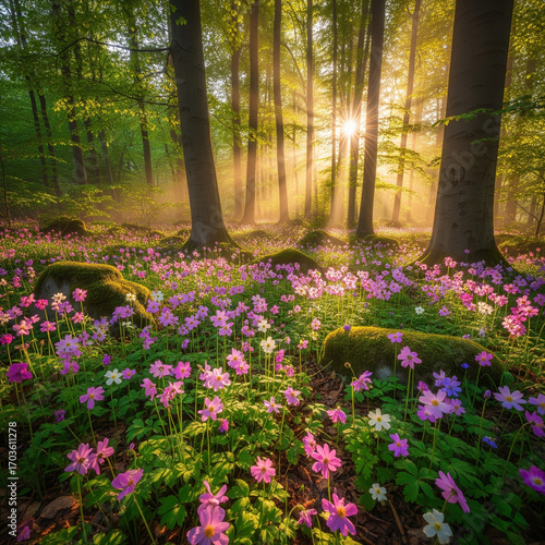 Sunlight streams through the trees in a forest filled with blooming primroses, creating a magical and enchanting atmosphere in the tranquil woodland setting