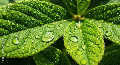 Vibrant Green Leaf Adorned with Dewdrops in Sunlight