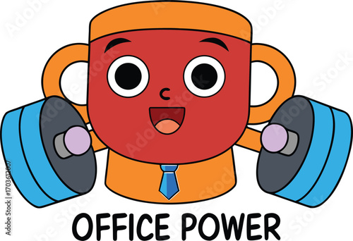 Funny cartoon coffee cup with dumbbells demonstrating office power and motivation for business vector