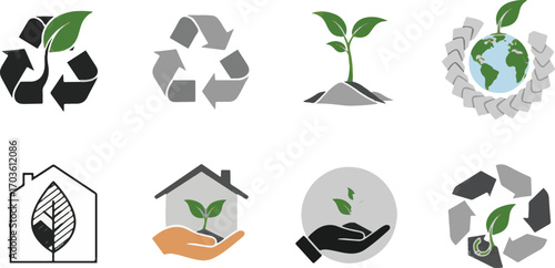 Ecological concept icons set, with recycling, green energy, sustainable living and nature