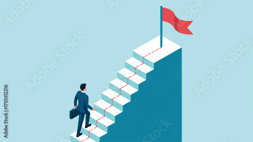 Vector art of businessman climbing stairs towards a red flag on a blue background