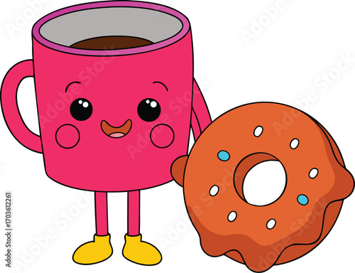 Cute coffee mug and donut best friends comic style funny cartoon characters adorable friendship duo vector