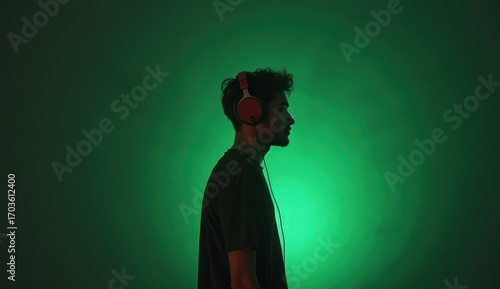 Emerald Glow: Profile Silhouette of a Man with Red Headphones Lost in Music