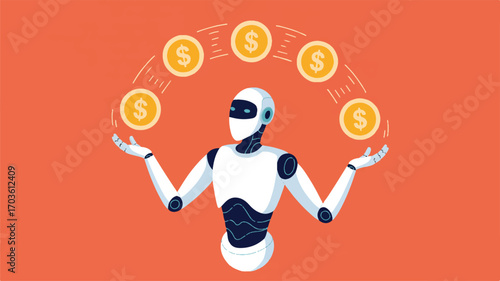 Vector art of robot juggling coins, representing financial automation and ai
