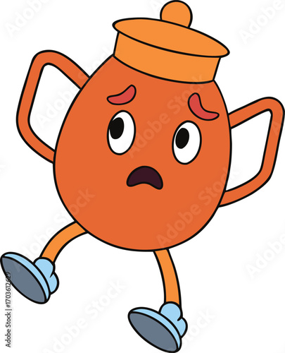 Humorous cartoon coffee pot with tired legs running urgently depicting exhaustion and daily grind vector