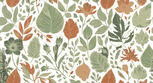 Seamless botanical pattern with earth tone leaves and flowers for textile design