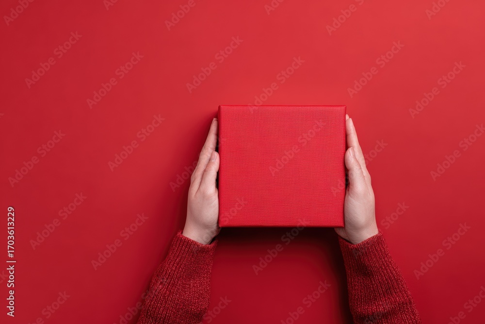 Fototapeta premium Hands holding a red gift box on a red background (2)