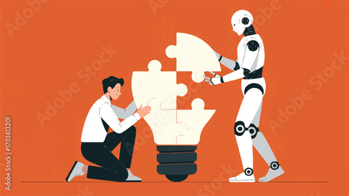 Vector art of human and robot assembling a lightbulb puzzle representing innovation