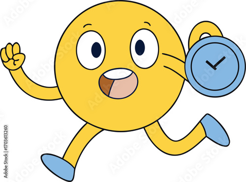 Silly yellow cartoon character chasing a clock deadline in a rush business concept vector