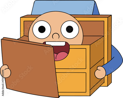 Silly cartoon character hiding inside a filing cabinet with open drawer and wide eyes expression vector