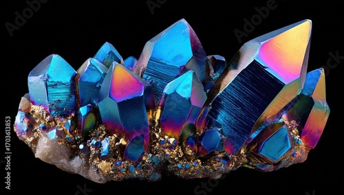 Cluster of iridescent crystals on black background