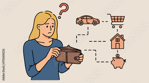 Vector art of woman looking at empty wallet with expenses like car and house