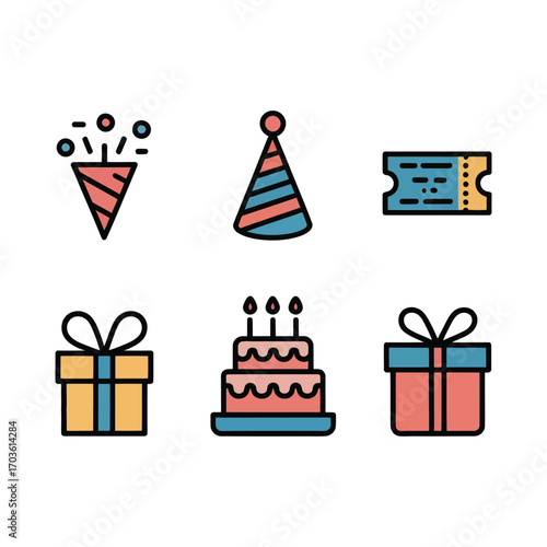 Festive birthday celebration icons including cake party hat confetti gift boxes and ticket