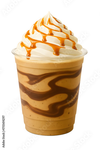 Delicious caramel coffee frappe with whipped cream and drizzle