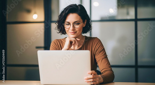 Focused Reflection: A woman is engaged in a moment of contemplation, focused intently on her laptop. Her glasses and thoughtful pose suggest a deep level of concentration and introspection.