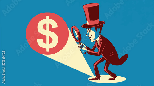Vector art of man in top hat examines dollar sign with magnifying glass