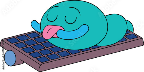 Exhausted cartoon character sleeping face down on computer keyboard with tongue out drooling funny vector
