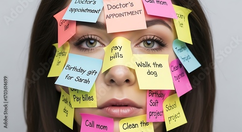 Overwhelmed Woman with Sticky Notes.